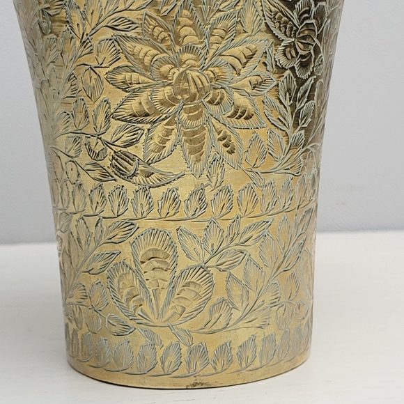 Etched Solid Brass Vintage Vase with Engraved Floral Designs 5.25" - Picture 9 of 15
